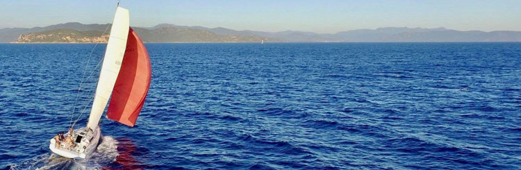  Szerokie ujęcie błękitnego morza z niewielką falą i czystym niebem z wybrzeżem na horyzoncie, na pierwszym planie po lewej stronie żaglówka z czerwonym spinakerem